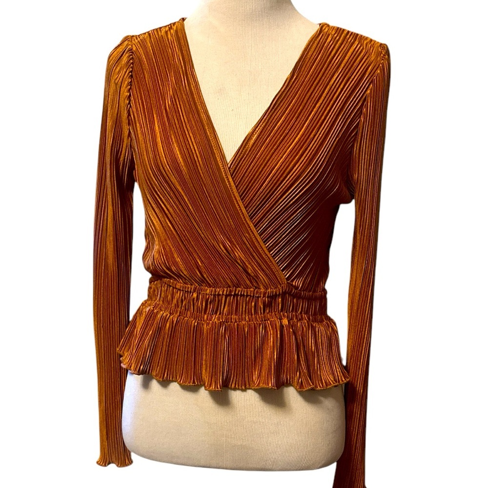Elegant golden stretchy long sleeve Wrap Top, new